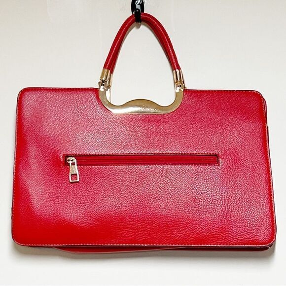 Women’s Red Satchel Purse Gold Details Double Top Handle Hard Side Large Bag - Picture 2 of 7